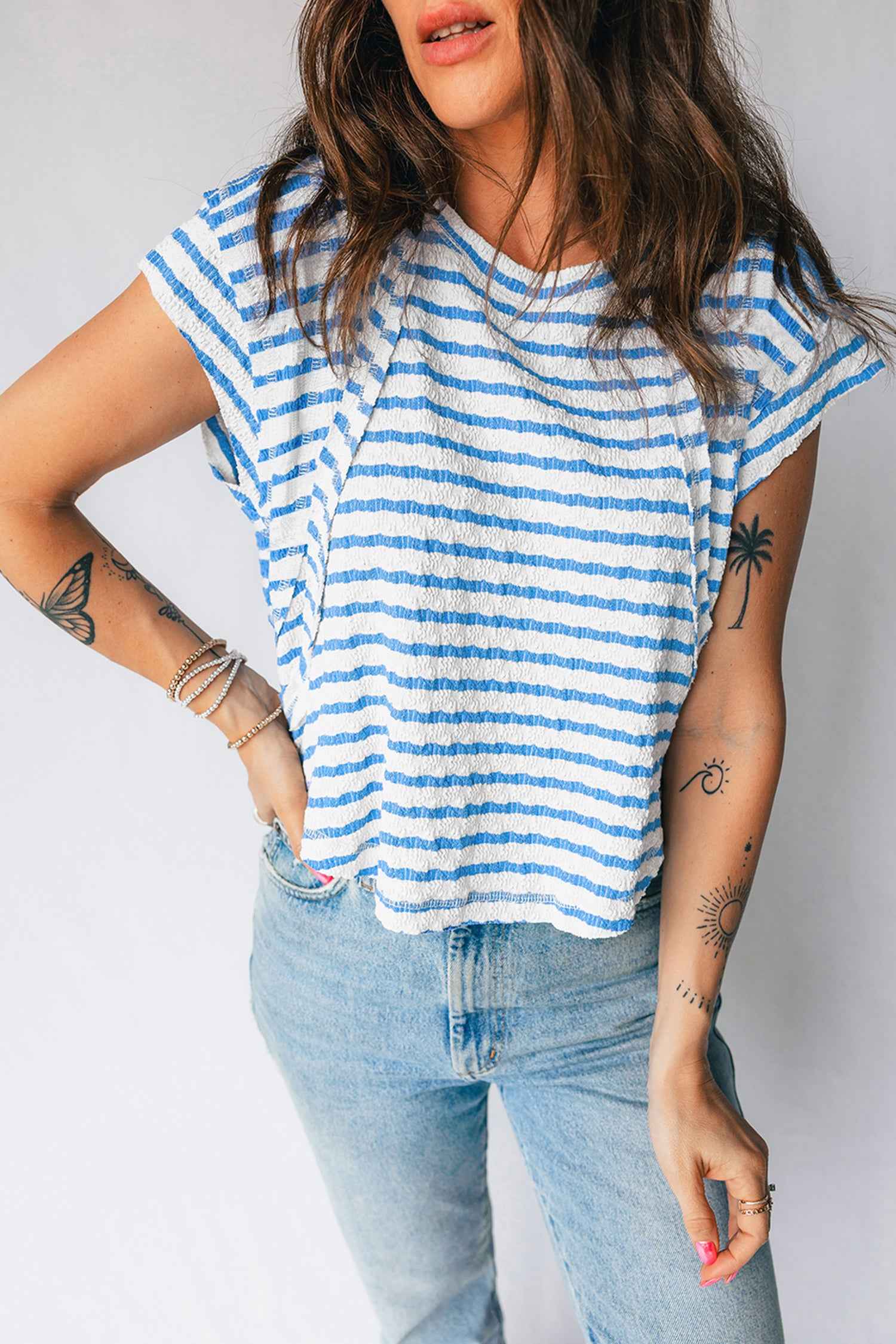 Blue Stripe Textured Short Sleeve Patchwork T Shirt Blue Stripe 85%Polyester+10%Viscose+5%Elastane 5f57706acf8bd14e