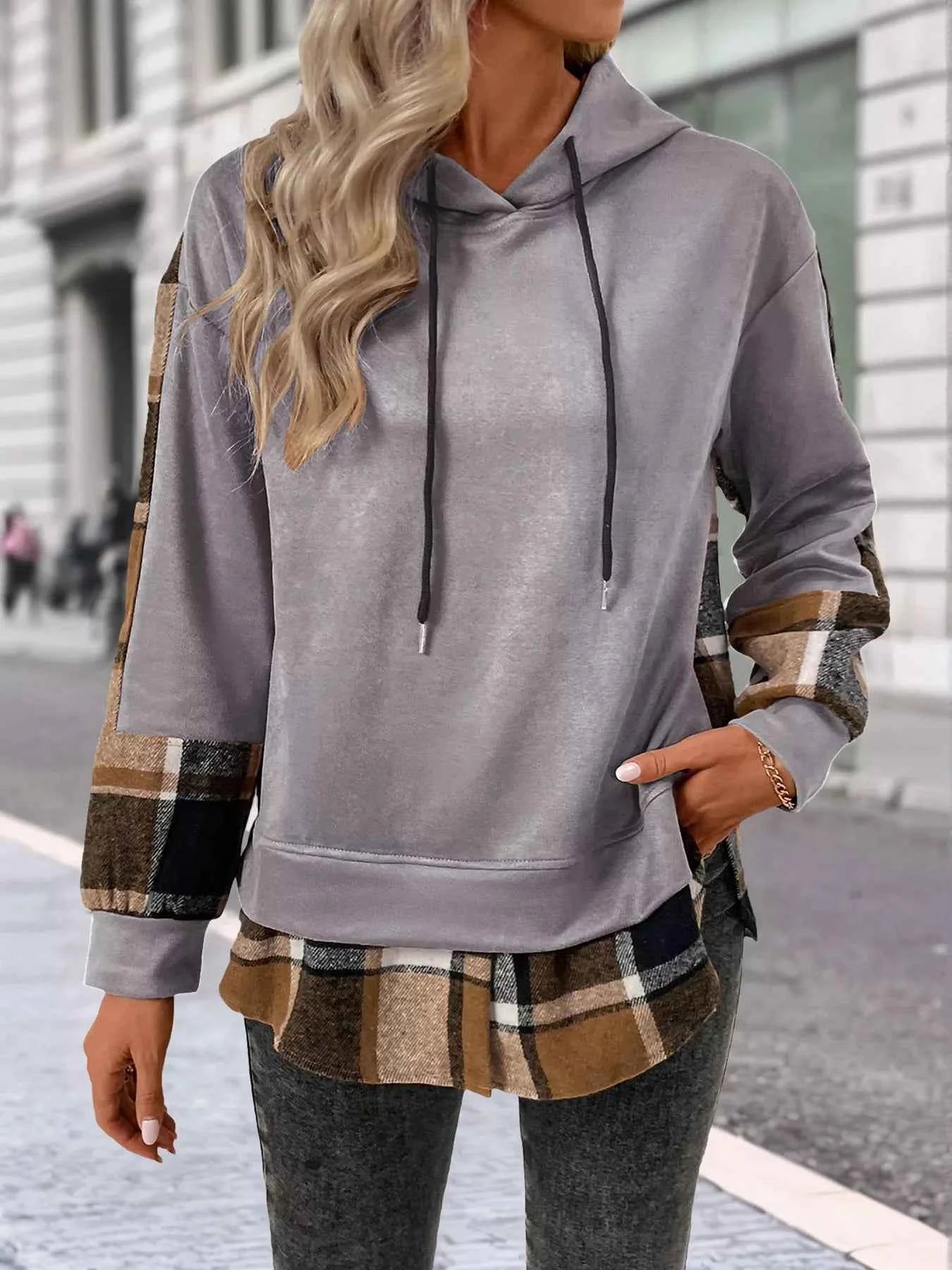 Plaid Drawstring Long Sleeve Hoodie 5f579818-22cf-4146-a947-2aba03e96ce3-Max-Origin