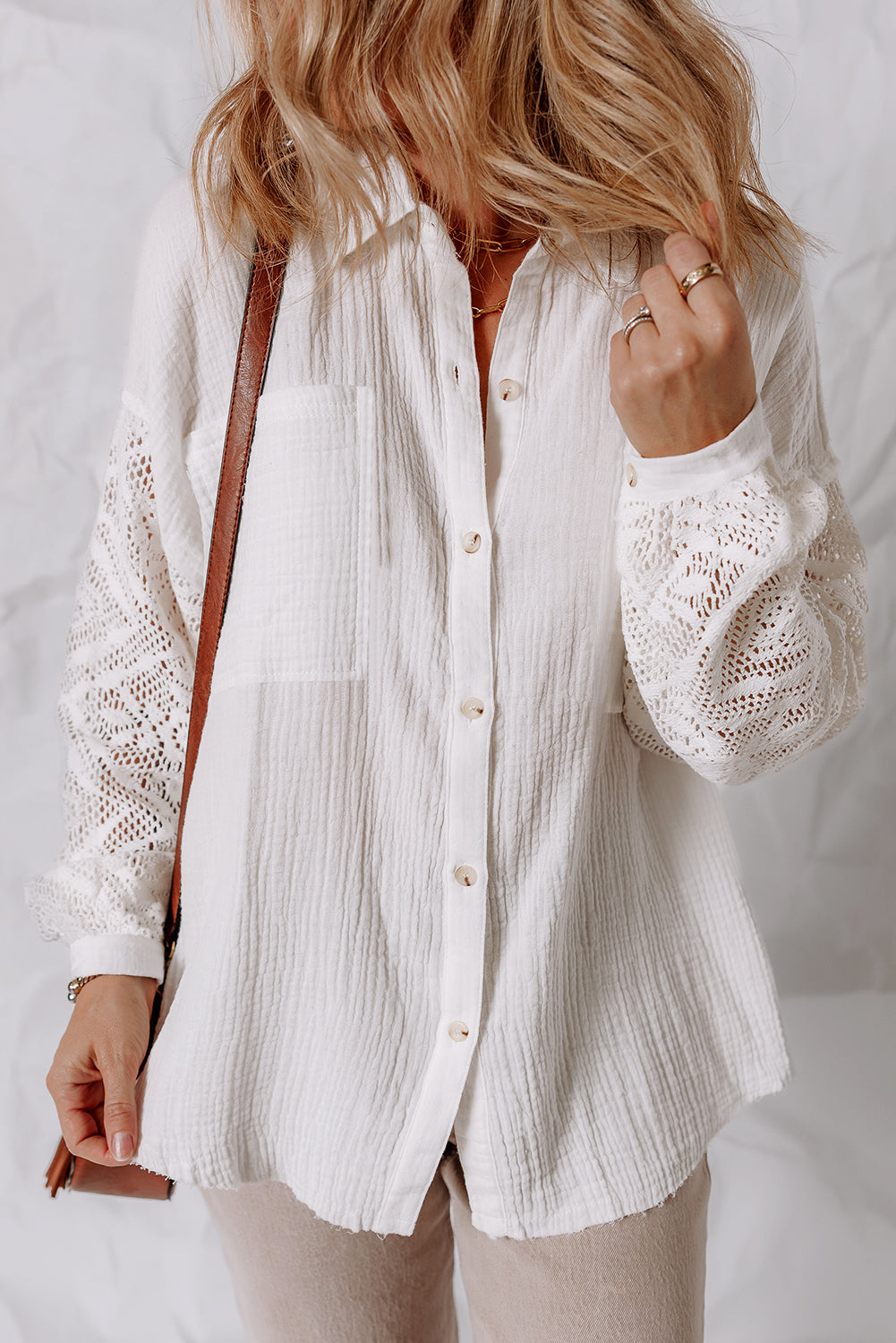 White Cotton Gauze Lace Patchwork Long Sleeve Shirt 5f584858e0a17a6c
