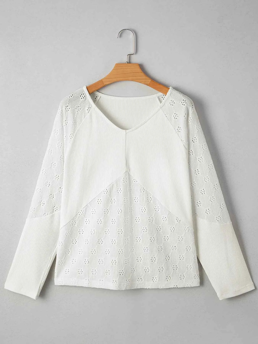 Eyelet Embroidered Loose V Neck Long Sleeve Top 5f60b3f754e143c582c2d36c36a9eada-Max-Origin