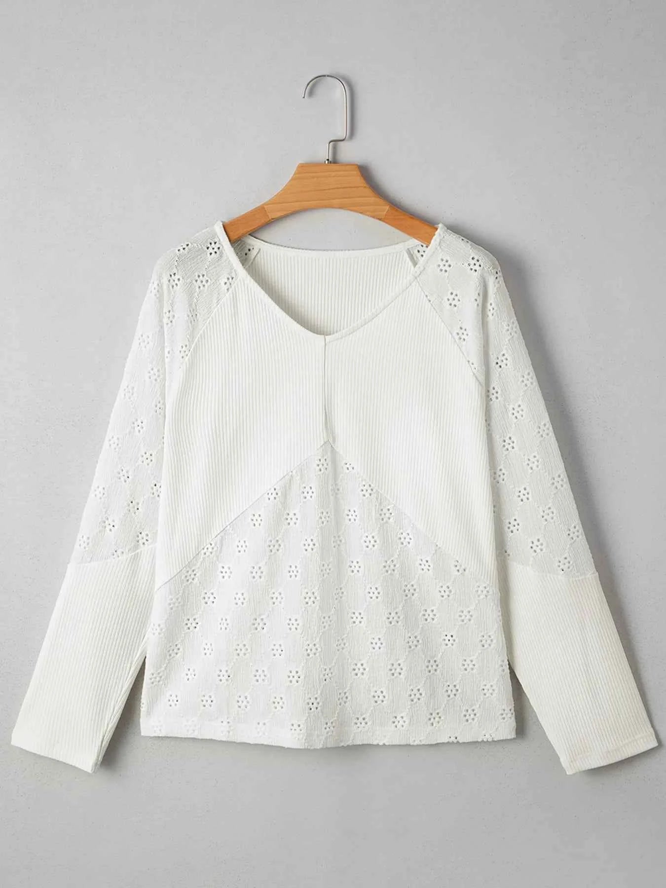 Eyelet Embroidered Loose V Neck Long Sleeve Top 5f60b3f754e143c582c2d36c36a9eada-Max-Origin