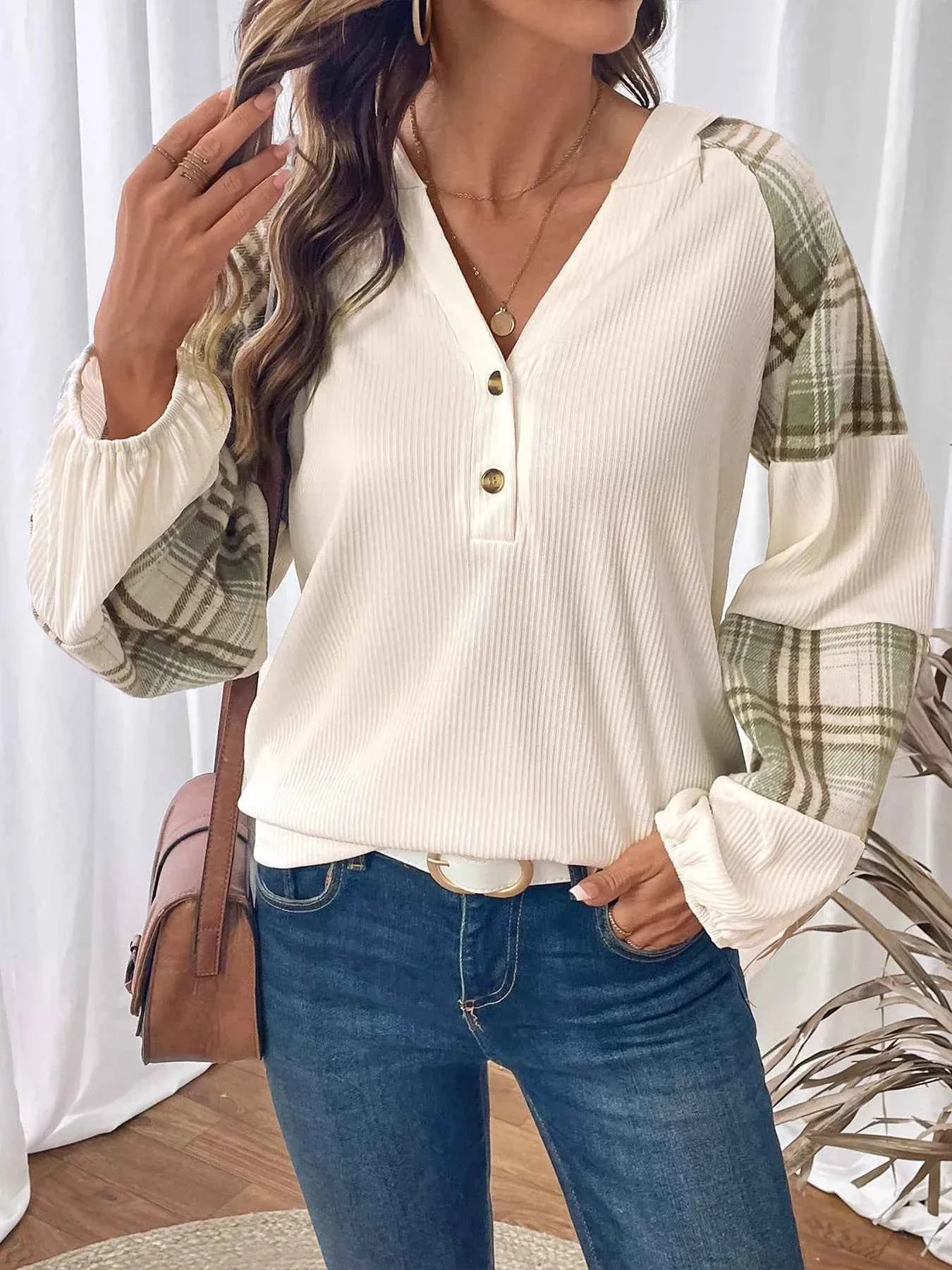 Plaid V-Neck Button Front Sweatshirt Beige 5f64a27e0f2a480ba42b74939316313b-Max-Origin