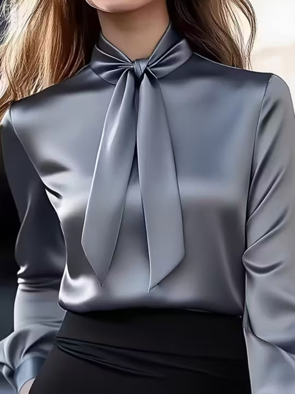 Satin Bow Tie Long Sleeve Blouse 5f6739db-1c2e-47d2-bd8f-2065d53bb759-Max