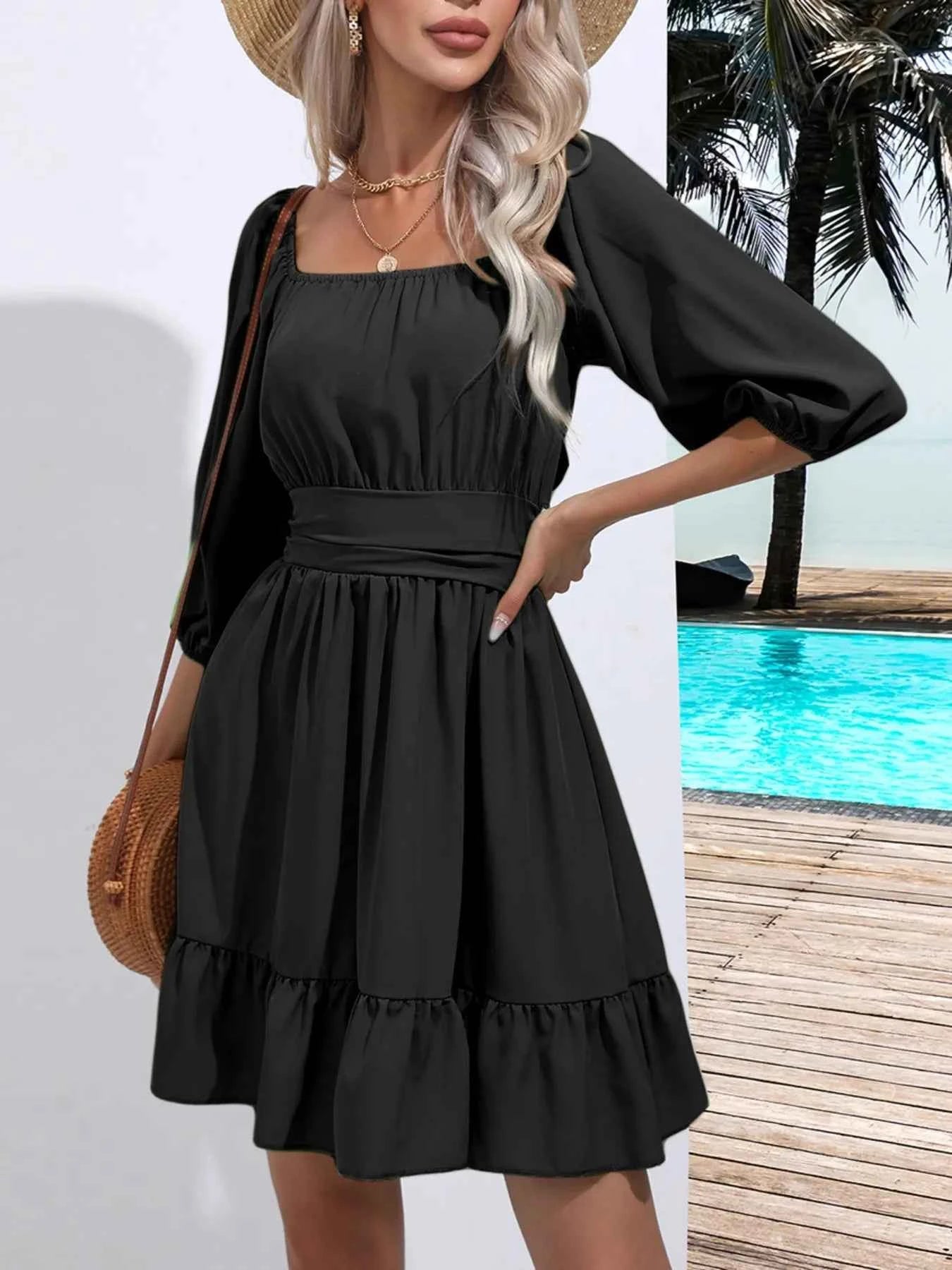 Tie Back Ruffled Hem Square Neck Dress 5f681b1a-8624-4e0b-97ad-7c4bf43b1416-Max-Origin