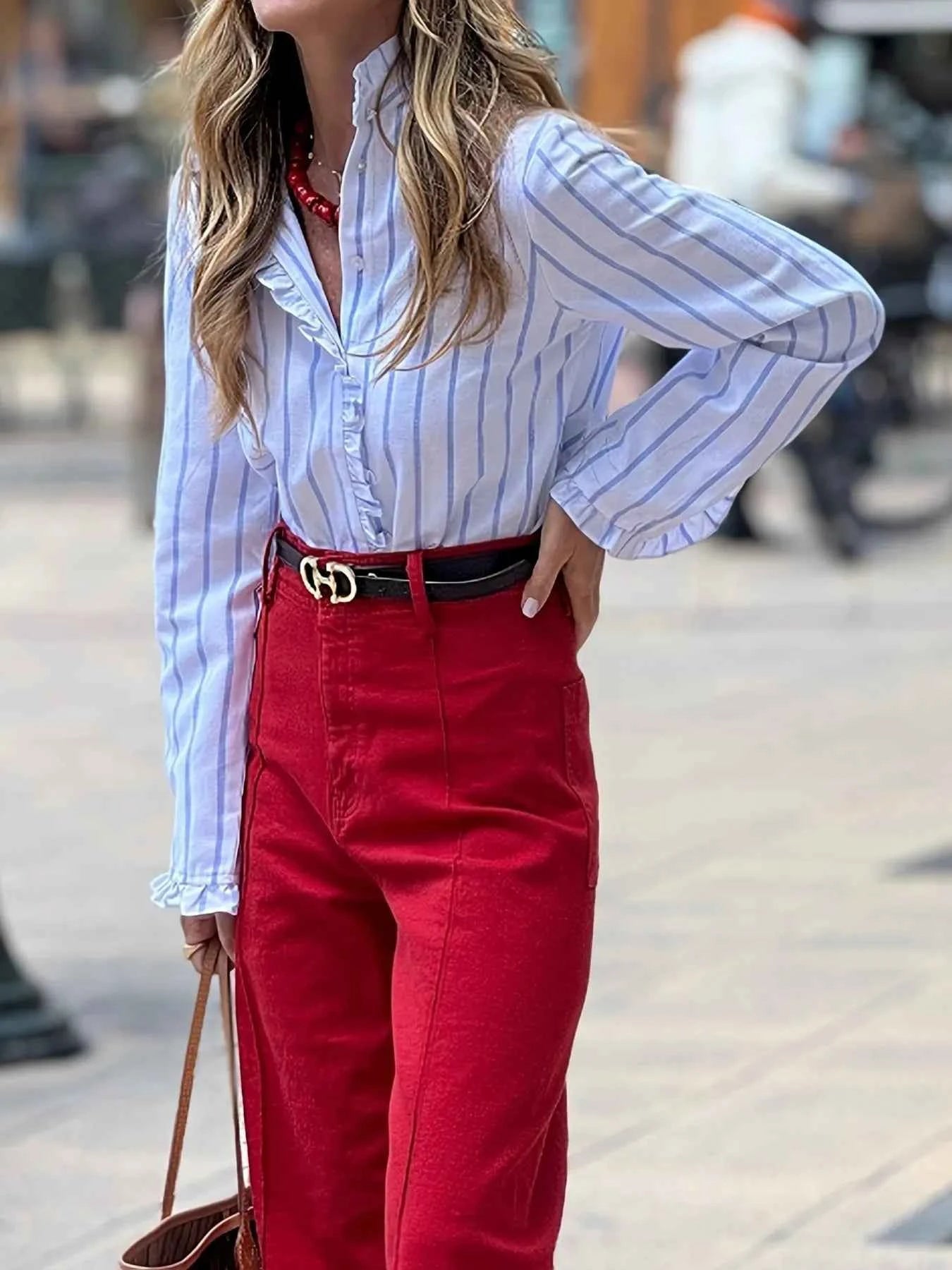 Frill Striped Long Sleeve Blouse 5f6b05b11539467181e6dadbe556f9d1-Max-Origin