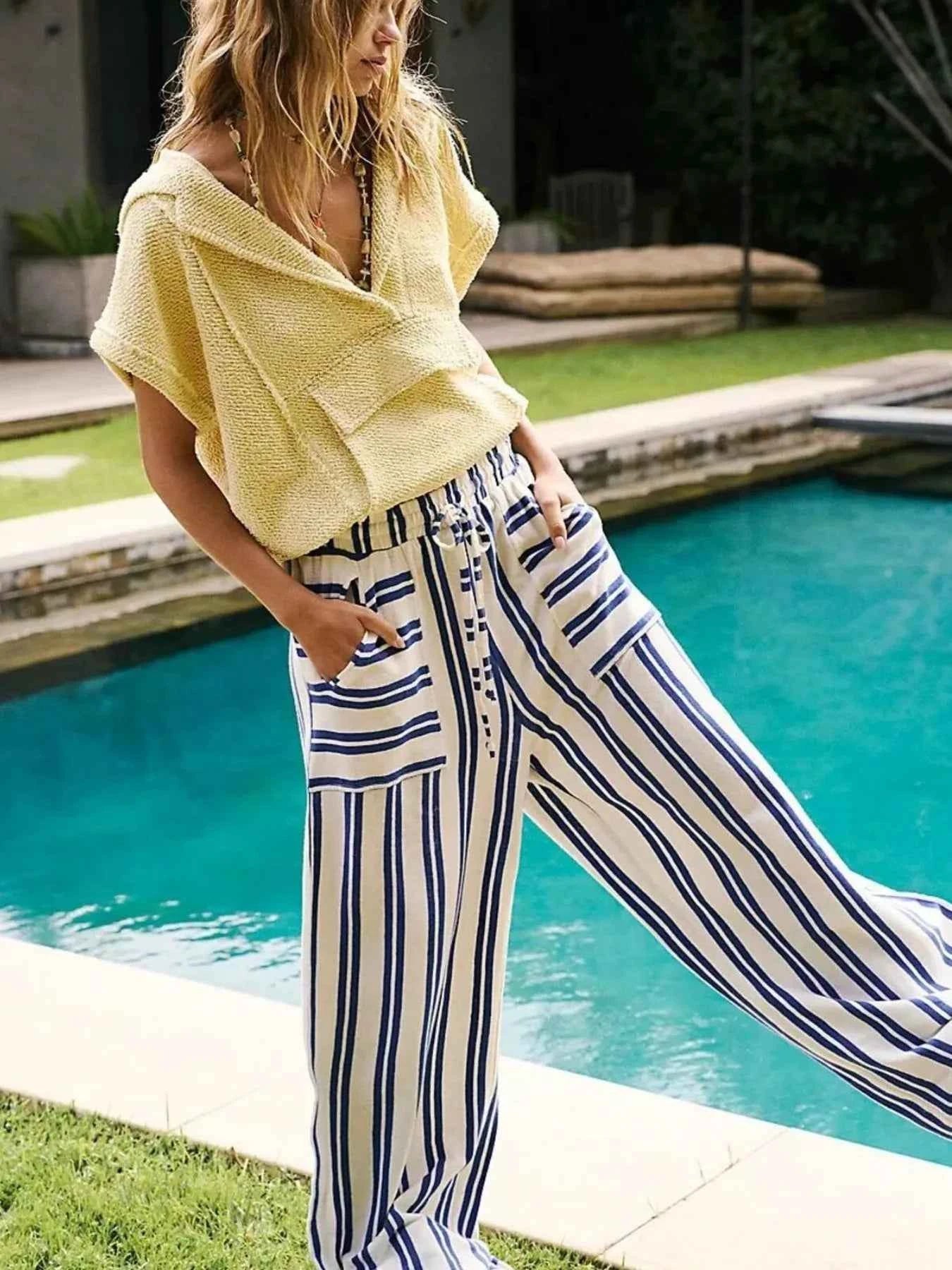 Striped Wide-Leg Drawstring Pants