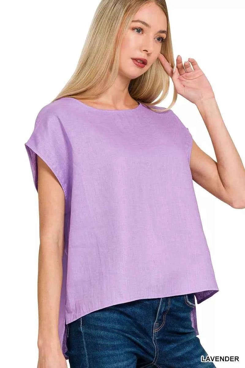 Zenana Linen Round Neck Cap Sleeve Top LAVENDER 5f778b84f3bb4dd5b9fc347f6b0cc1a4-Max-Origin