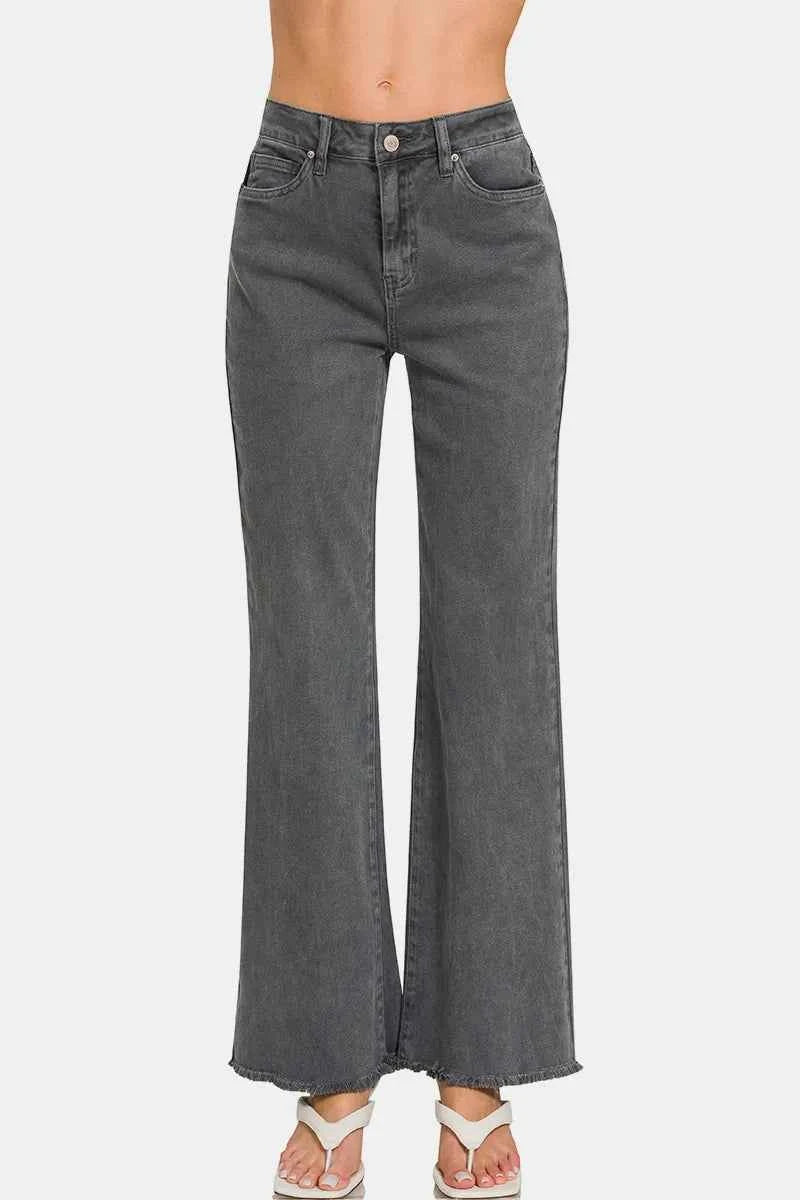 Zenana Acid Washed Frayed Hem Bootcut Jeans 5f7b8121-5ef4-42c9-b97b-fcbdf8e29bef-Max
