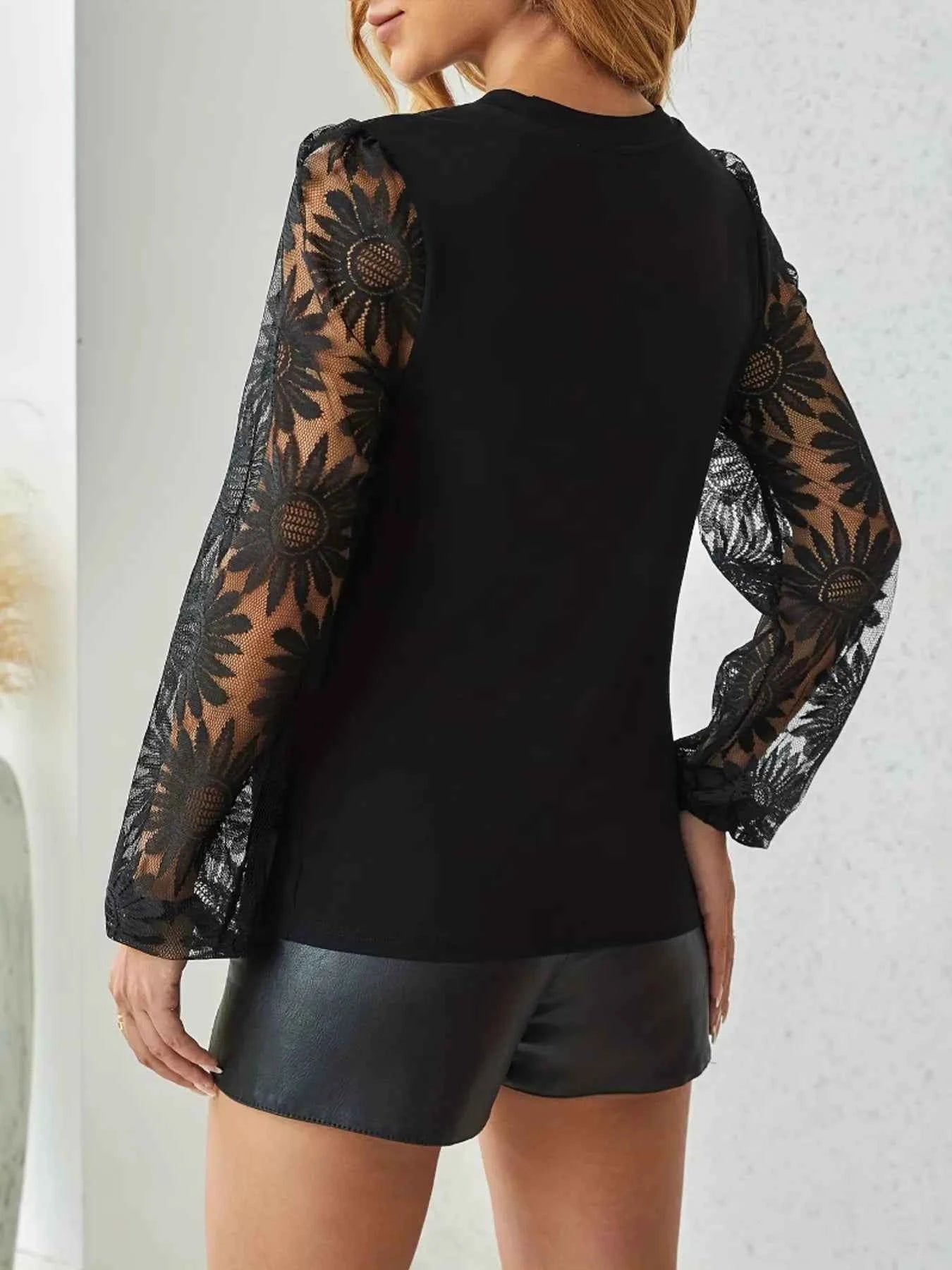 Lace Long Sleeve Round Neck Blouse 5f7be79a7283461ba28649ab9ceadc1a-Max-Origin