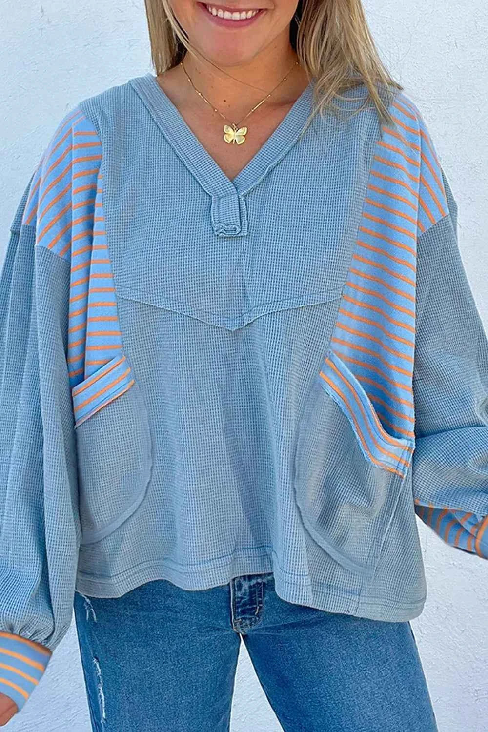 Striped Long Sleeve V-Neck Oversized Sweatshirt Light Blue 5f7c6abc-07ea-4bd0-8556-a65c68aefbb0-Max-Origin