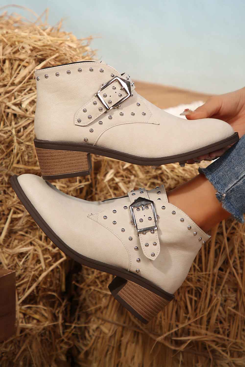 White Faux Leather Studded Pointed Toe Block Heel Ankle Boots 5f7f86fefc497967