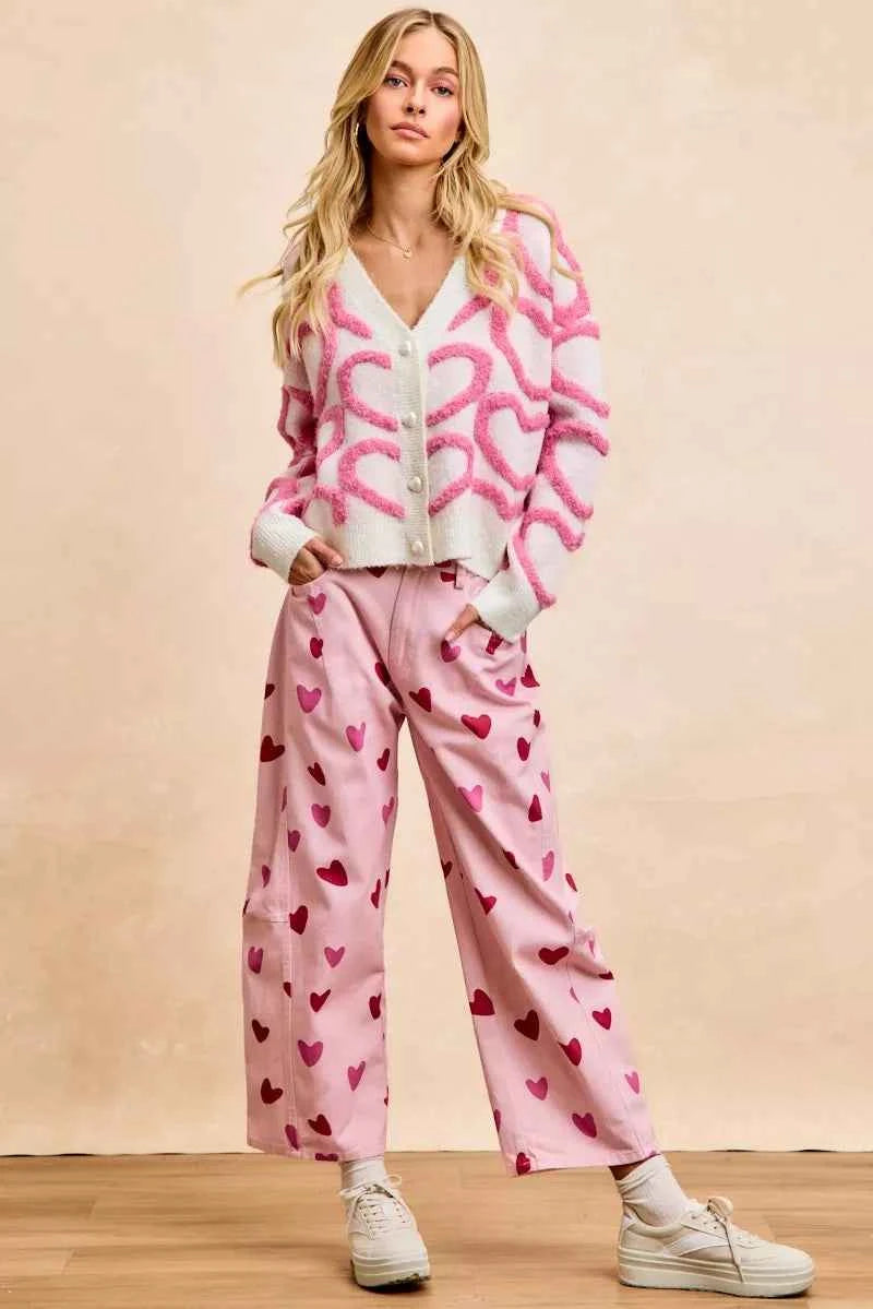 BiBi Textured Heart Buttoned V Neck Cardigan 5f80503f878b49c39682b24857554c8d-Max-Origin