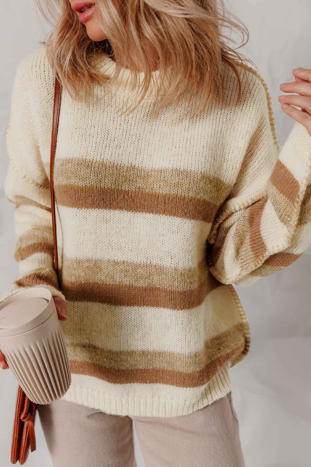 Khaki Stripe Exposed Seam Drop Shoulder Knit Baggy Sweater 5f850564bb3196e7