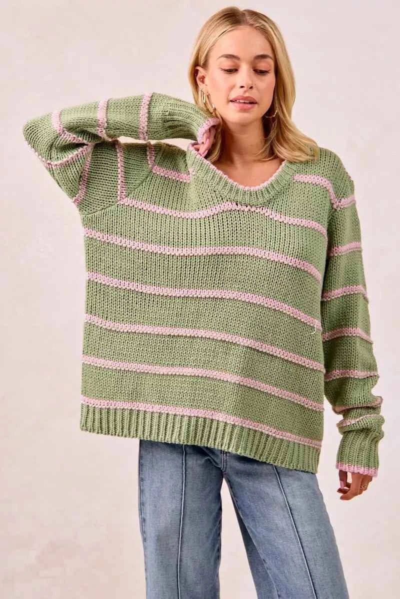 BiBi Striped Long Sleeve Sweater SAGE GREEN 5f8765807eb84555bde06f2acbc6ac83-Max-Origin