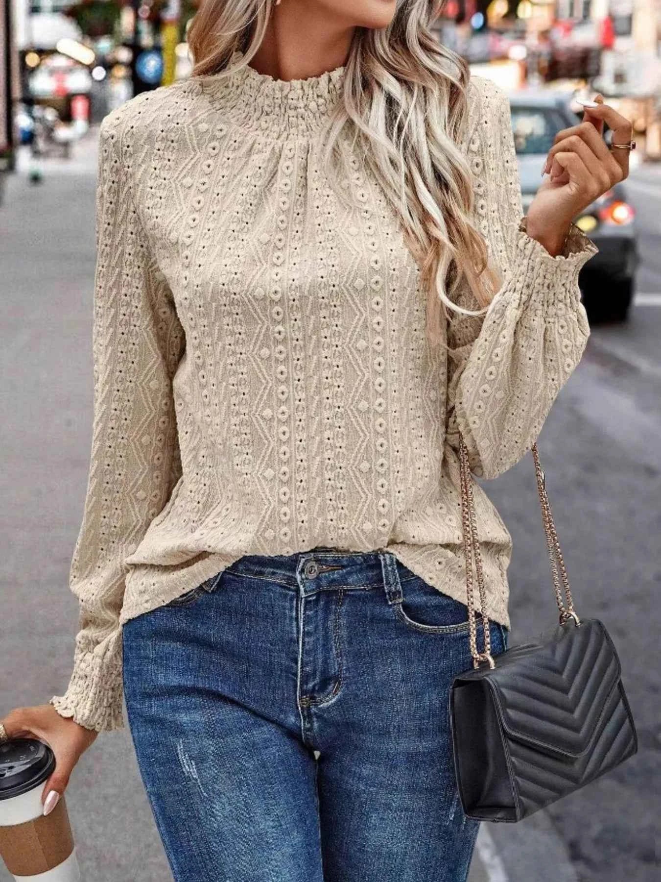 Texture Mock Neck Long Sleeve Blouse 5f88771232ec4986b071569687b4969f-Max-Origin