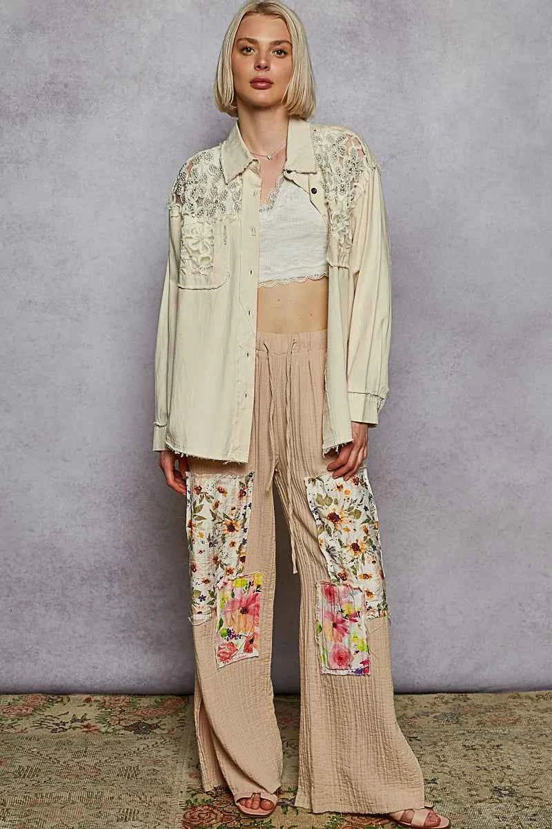 POL Button Down Raw Edg Shirt with Pearl Lace Patch 5f8a6ea9-a97b-4e0f-aeb2-30b08d9997ff-Max-Origin