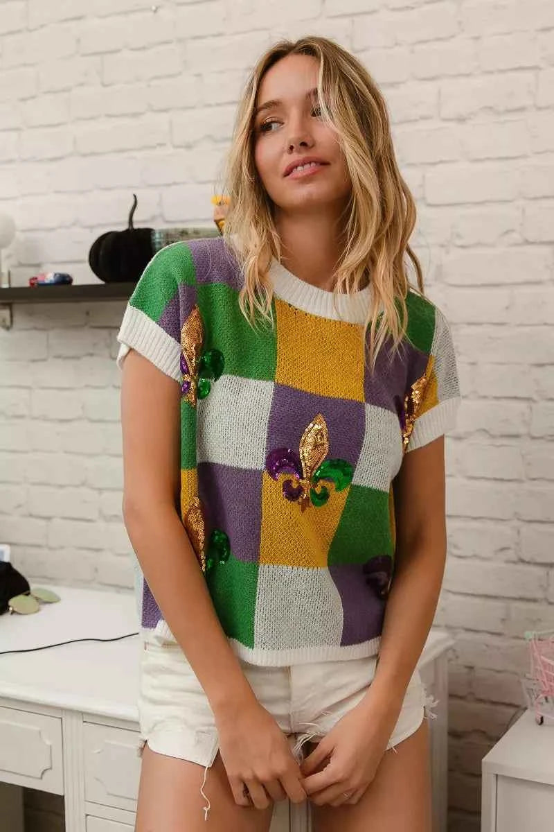 BiBi Sequin Embroidery Mardi Gras Checker Sweater Top 5f8f08beb37b44b1b6aa478b24f0dc7f-Max-Origin