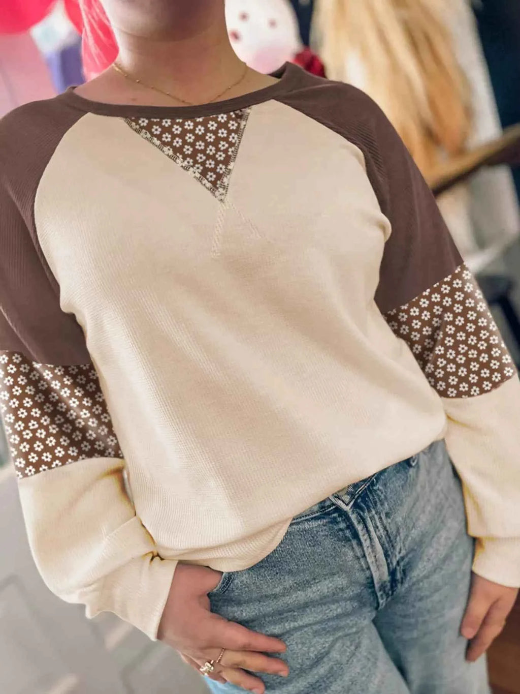 Floral Print Patchwork Color Block Long Sleeve Top Brown 5f92c6ce691547caa0cb43d4bb916ac5-Max-Origin
