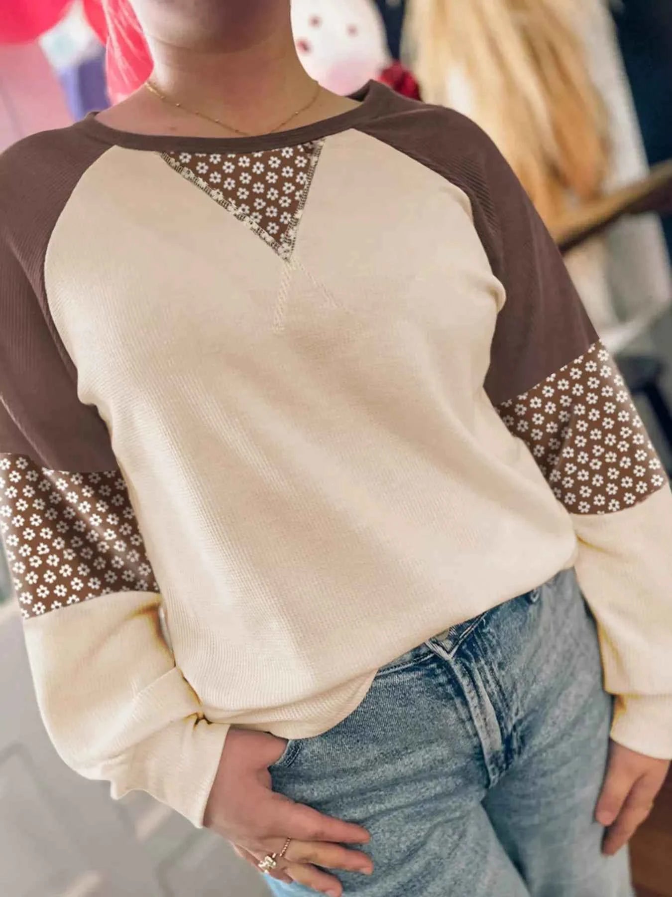 Floral Print Patchwork Color Block Long Sleeve Top Brown 5f92c6ce691547caa0cb43d4bb916ac5-Max-Origin