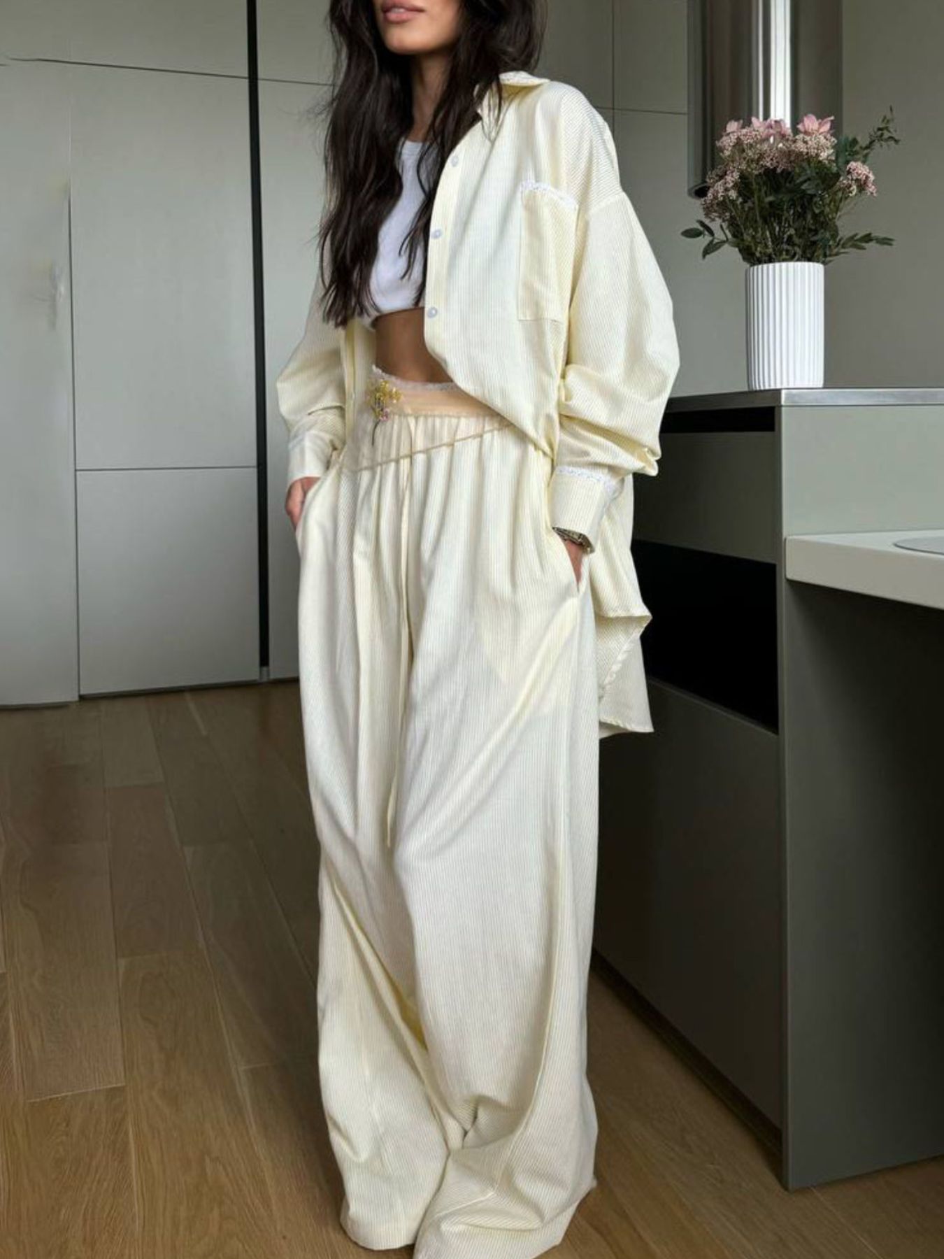 Relaxed Fit Long Sleeve Shirt and Pants Set Pastel Yellow 5f9ab8a4-c66e-4df3-8b3b-5ea287939aae-Max