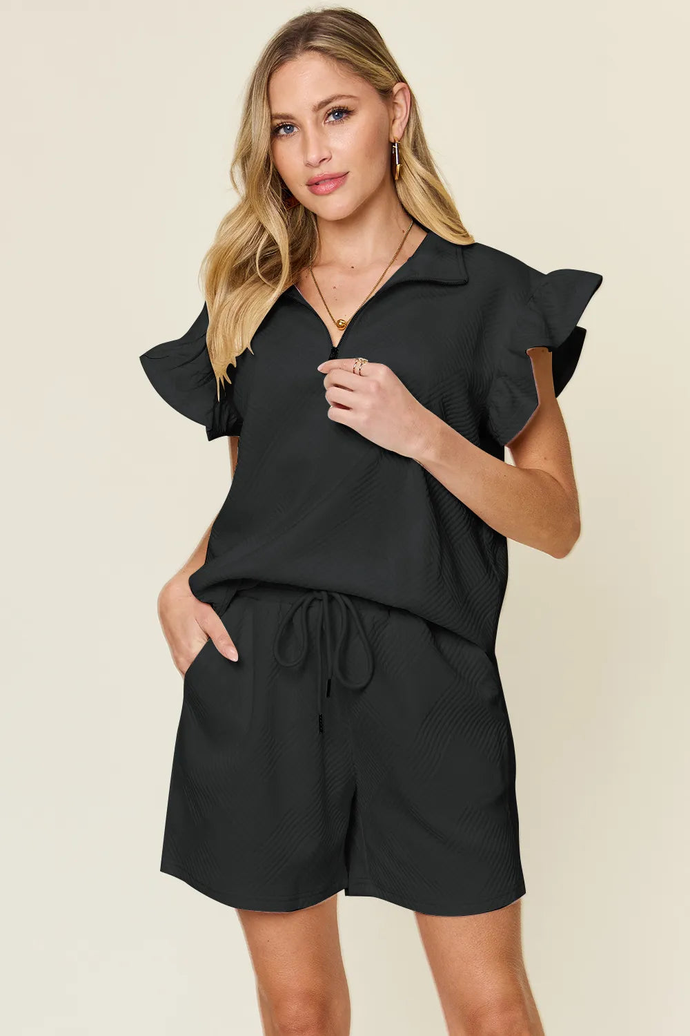 Double Take Full Size Texture Flounce Sleeve Top and Drawstring Shorts Set Black 5f9f0f08-f95f-474e-8105-88fe0d3bf678-Max