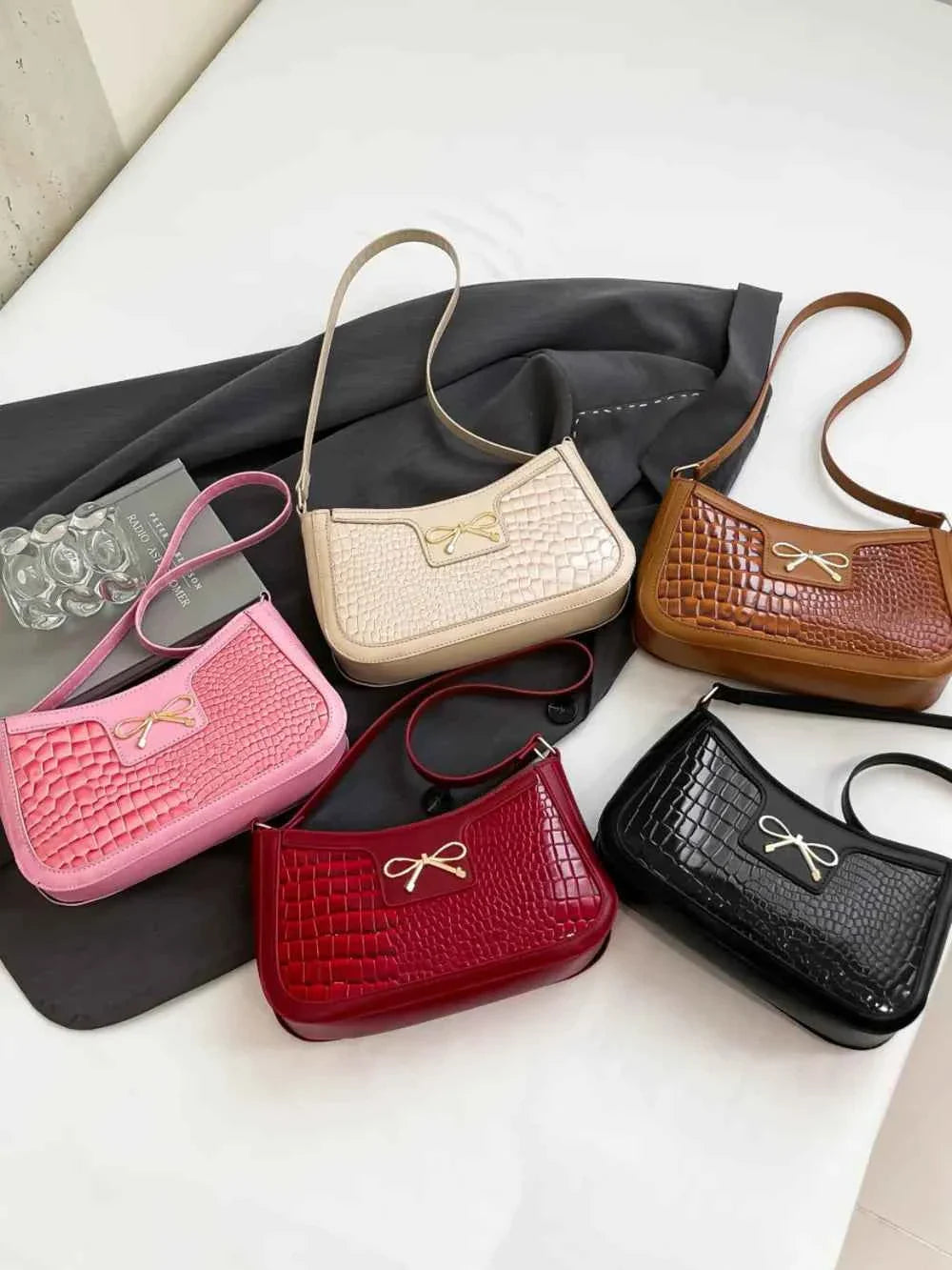 Crocodile Pattern Shoulder Bag with Bow Detail 5fa385fa-4670-4006-91e0-bcd817436f42-Max