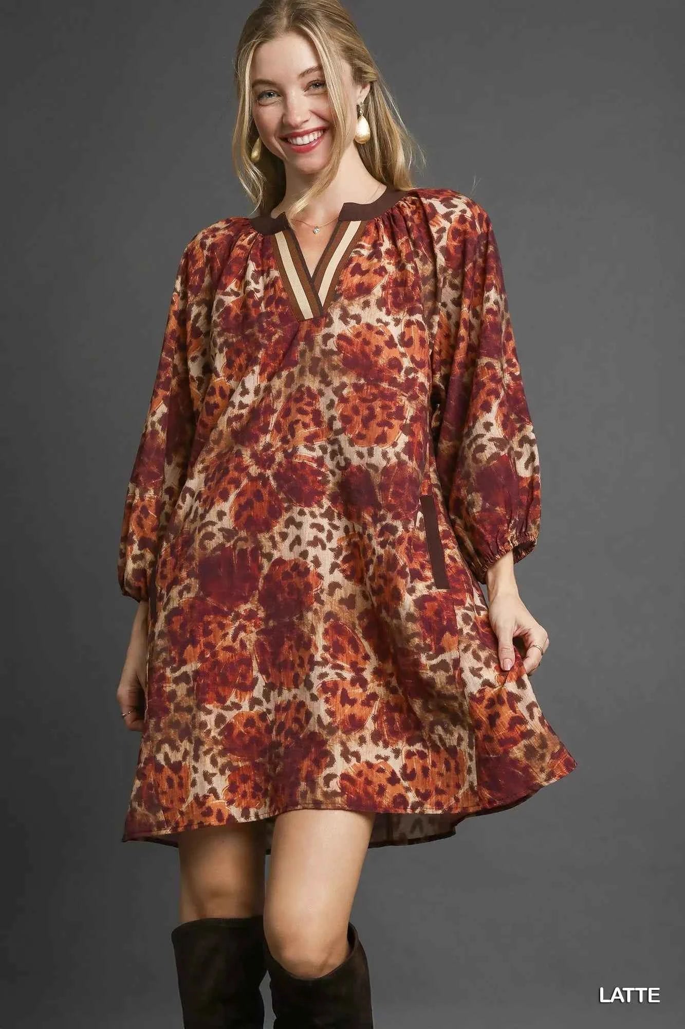 Umgee Animal Print Boho Tunic Dress with Contrast Trim Detail LATTE 5fa576ad-bda8-4e6a-a5cd-a2ee58a67dab-Max-Origin
