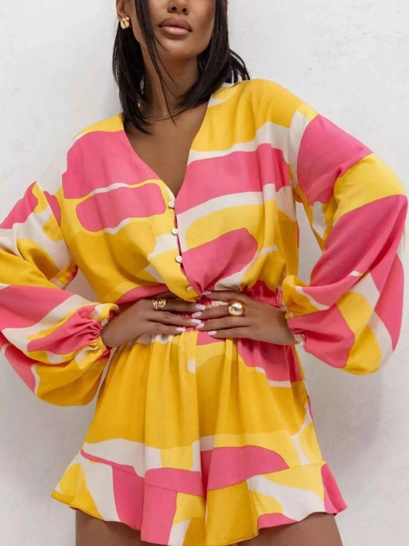 Floral V-Neck Long Sleeve Romper with Elastic Waist Yellow 5fa687d7-145b-4694-b003-03e9cfde43cf-Max-Origin