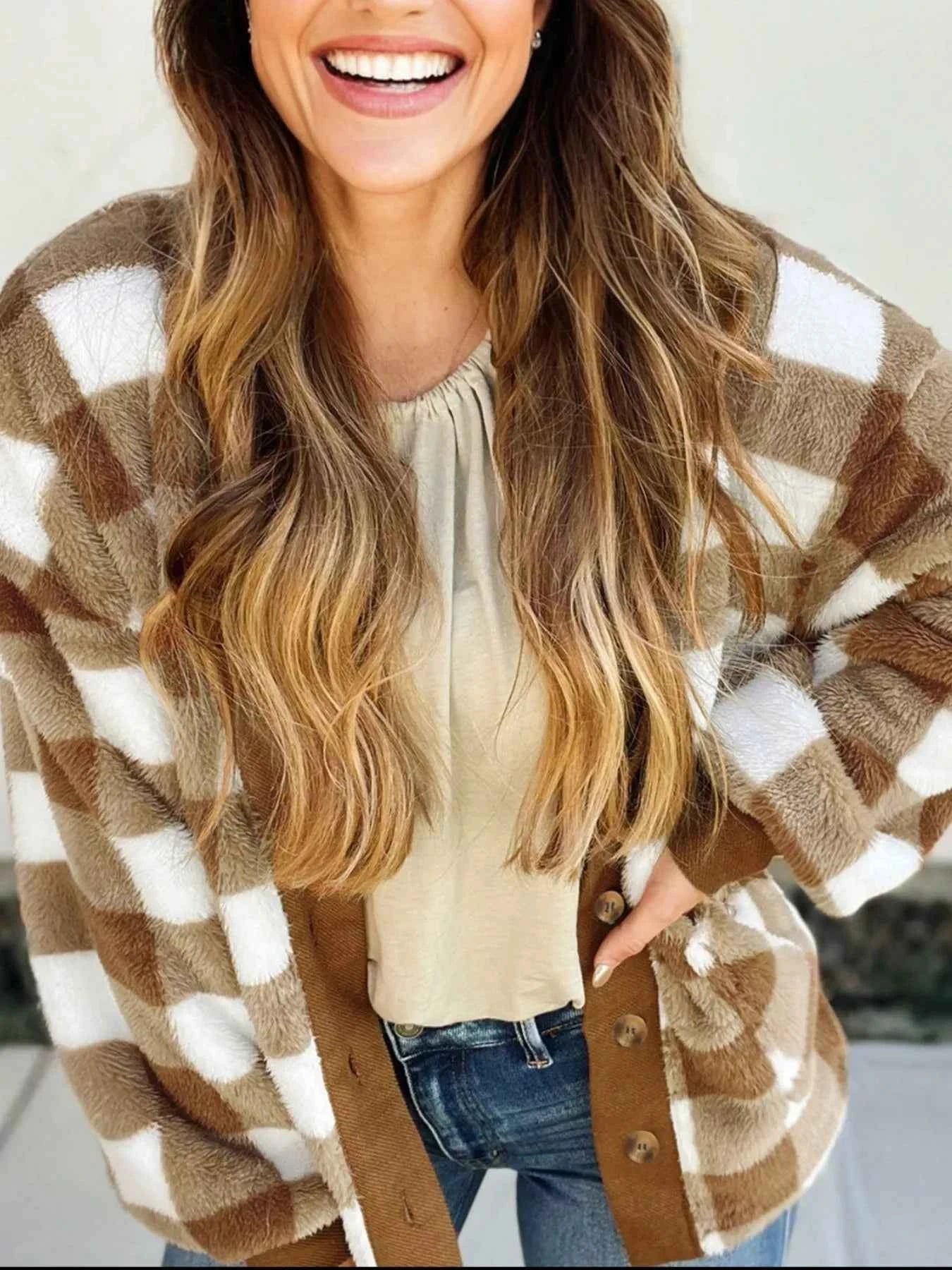 Checkered Sherpa Loose Knit Cardigan with Pockets 5fa9532f-8498-4c88-9b81-0525a5266cf8-Max-Origin