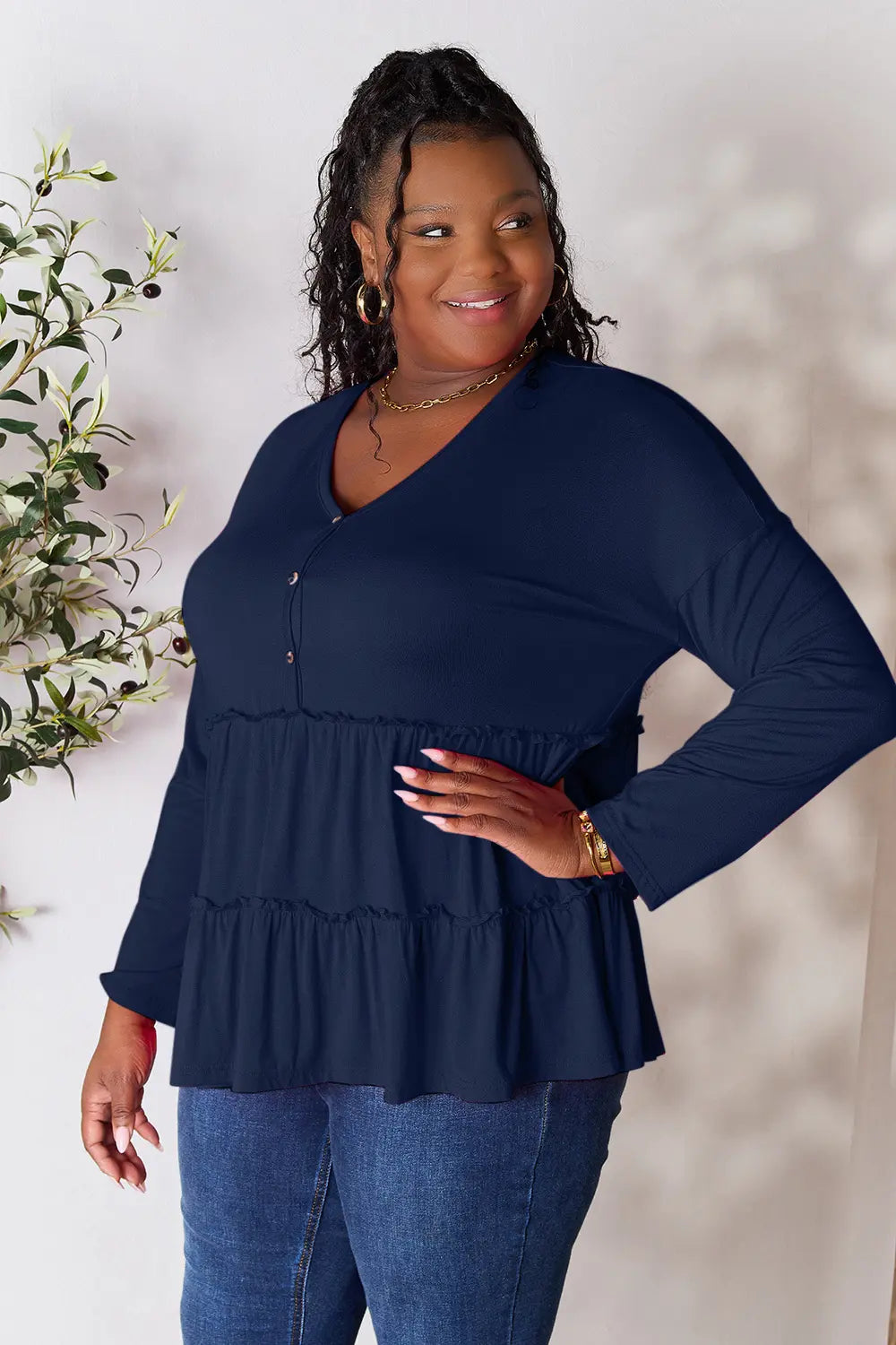 Double Take Half Button Long Sleeve Ruffle Hem Blouse 5fa9b73f6fd140ef8c06c4be7334ee4a-Max