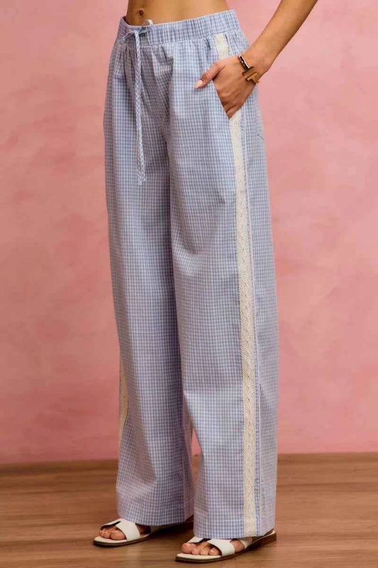 Wide Check Pants With Side Lace Trim And Piping 5facc39a3e8b4e3495293eee0c9d7f32-Max-Origin