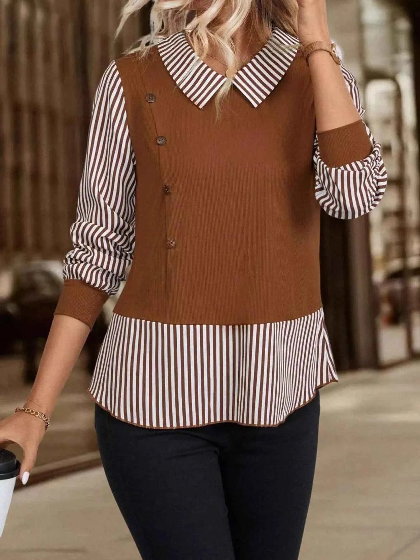 Striped Long Sleeve Blouse Brown 5fad0a9306074d508900994a34c855bb-Max-Origin