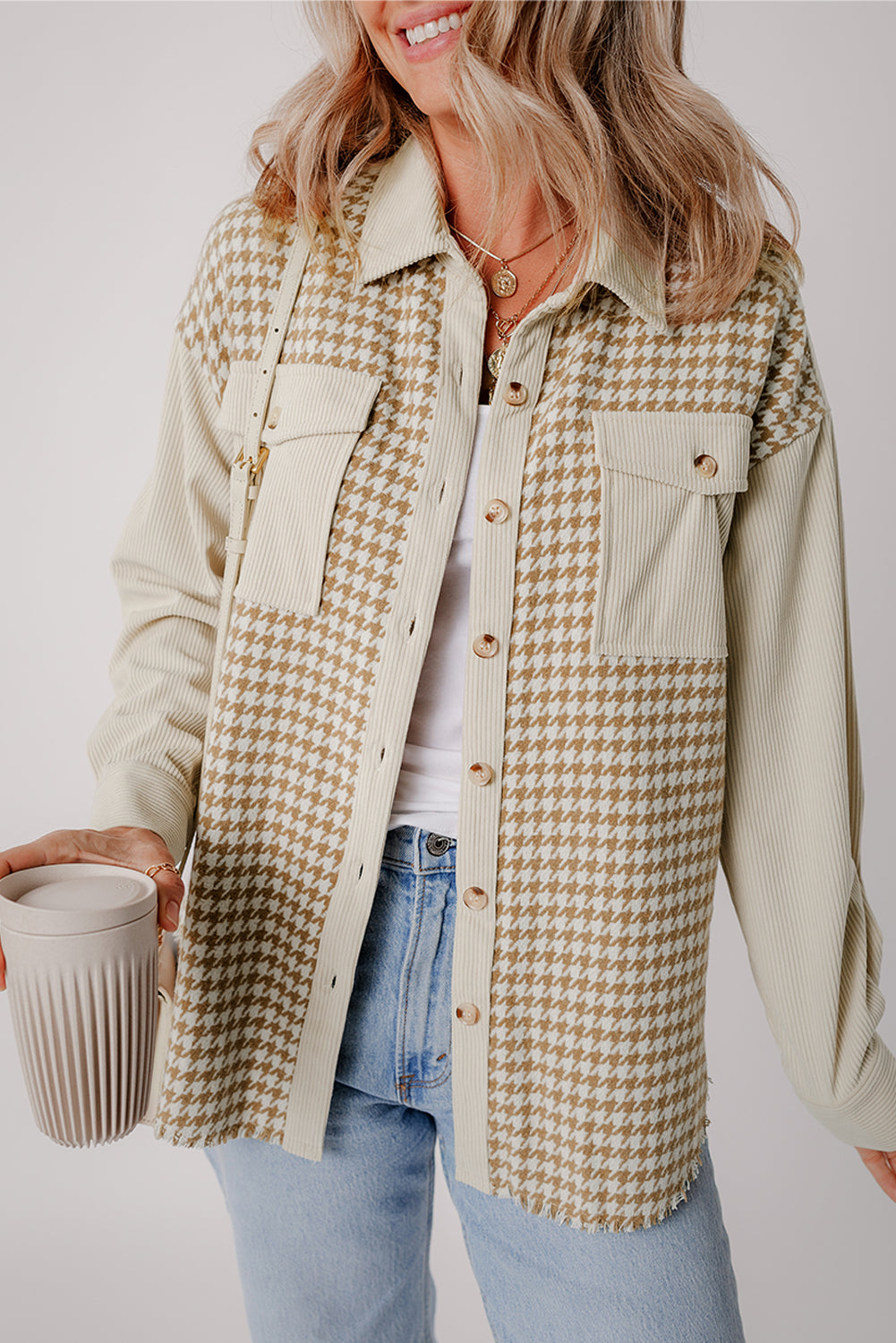 Parchment Houndstooth Corduroy Patchwork Flap Pocket Shacket 5fad3d779420350e