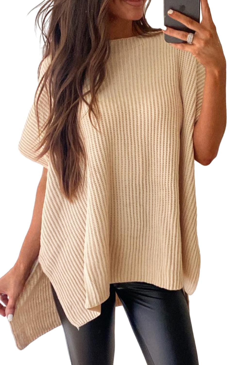 Rose Red Side Slit Short Sleeve Oversized Sweater 5fb215c729722fca