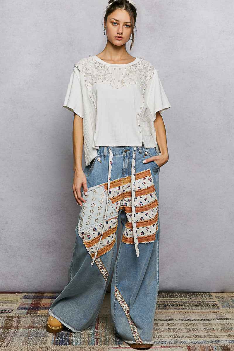 POL Lace Pearl Stud Round Neck Short Sleeve Shirt 5fb7e552-d639-4dd2-a359-23ad4dd21cb0-Max