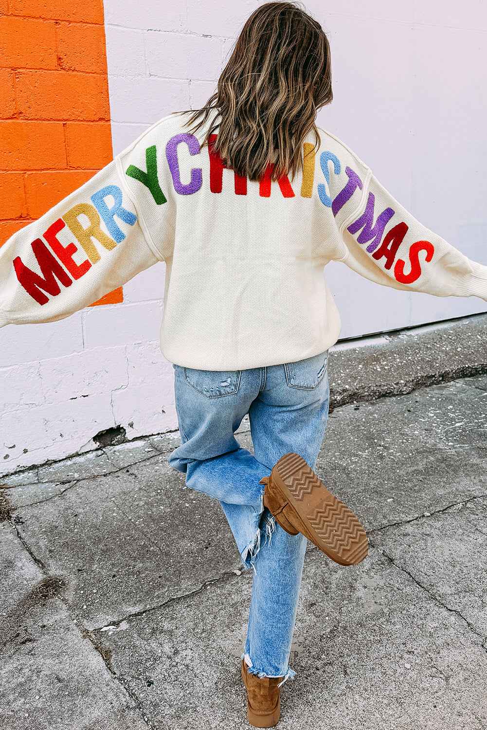 White HOHOHO MERRY CHRISTMAS Chenille Letter Graphic Holiday Sweater 5fbb9d4fcb9c8e28