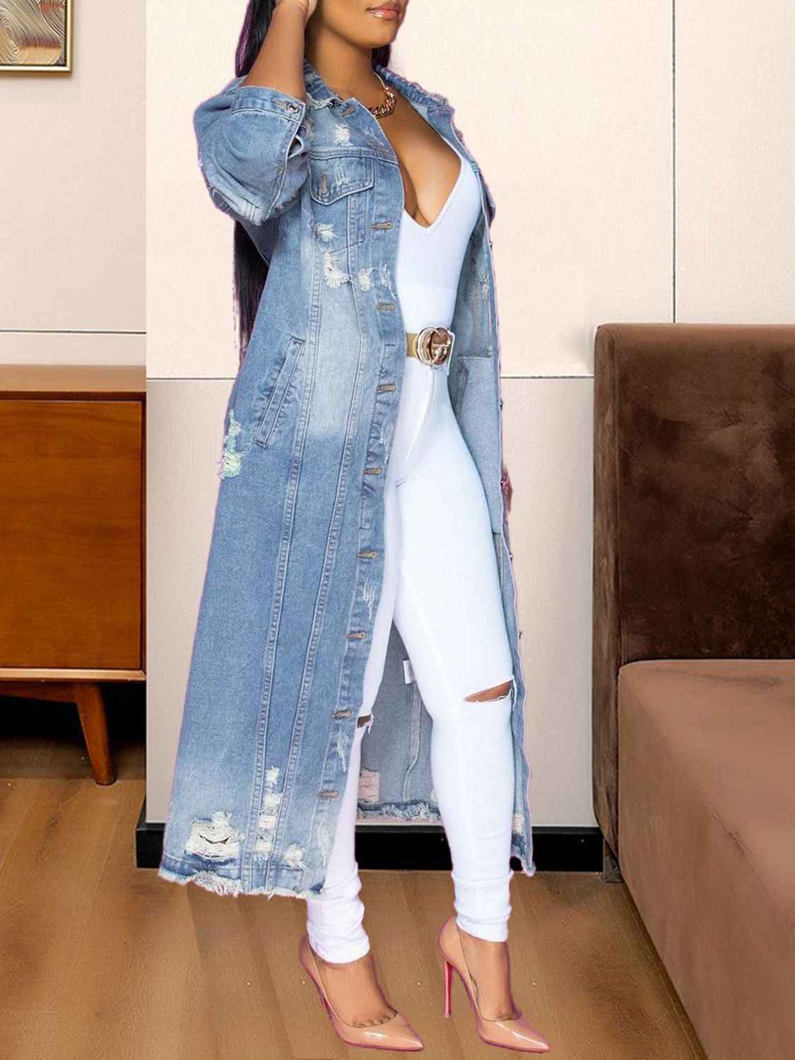Long Sleeve Raw Hem Denim Jacket 5fbbccd6322b4a26b18966a2f23d70c7-Max