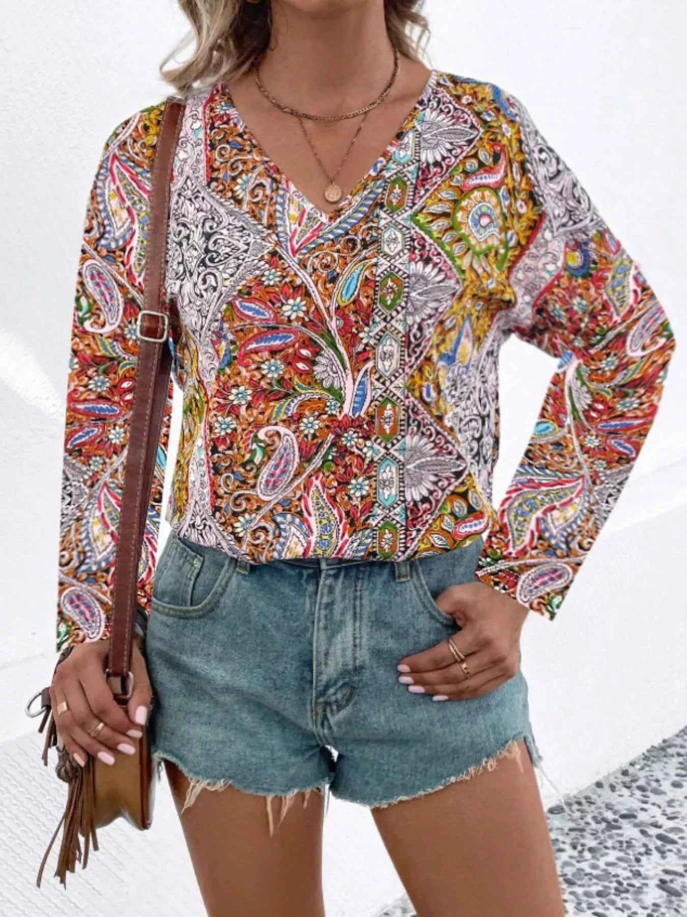 Printed V-Neck Long Sleeve Blouse Terracotta 5fbd085d-39af-409e-b350-8bdcb9152bda-Max-Origin