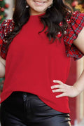 Racing Red Plaid Pearl Ruffled Sleeve Knitted Christmas Holiday Plus Size Top Racing Red 93%Viscose+7%Elastane 5fbe50af8ef82784