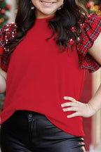 Racing Red Plaid Pearl Ruffled Sleeve Knitted Christmas Holiday Plus Size Top Racing Red 93%Viscose+7%Elastane 5fbe50af8ef82784