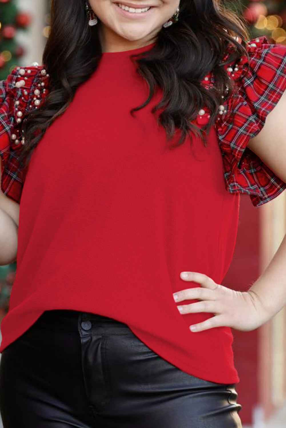 Racing Red Plaid Pearl Ruffled Sleeve Knitted Christmas Holiday Plus Size Top Racing Red 93%Viscose+7%Elastane 5fbe50af8ef82784