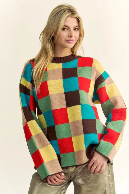 Color Block Checkered Dropped Shoulder Sweater 5fbecef0-0bcf-4789-b04b-1a434e297277-Max