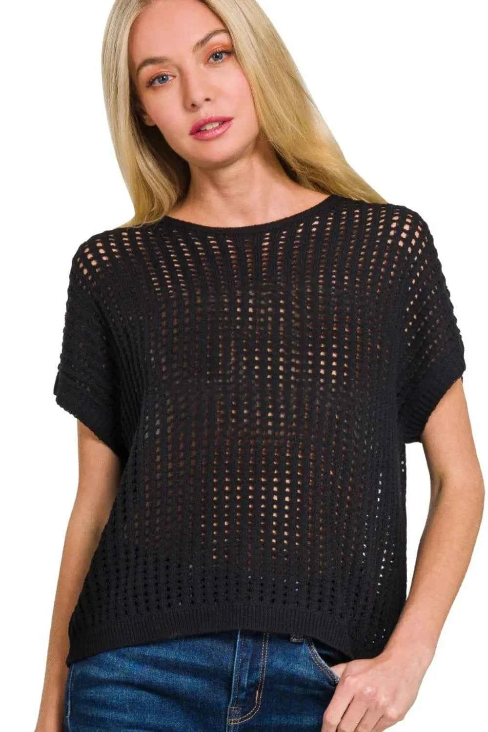Zenana Viscose Crochet Knit Sheer Hollow Sweater BLACK 5fc20883-9369-4d51-ae43-294c3a55f57f-Max-Origin