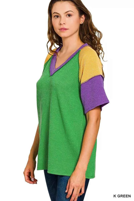 Zenana Mardi Gras Raised Rib Color Block Top 5fc5c901d0f7443bb65e029d3ba3bfe6-Max-Origin