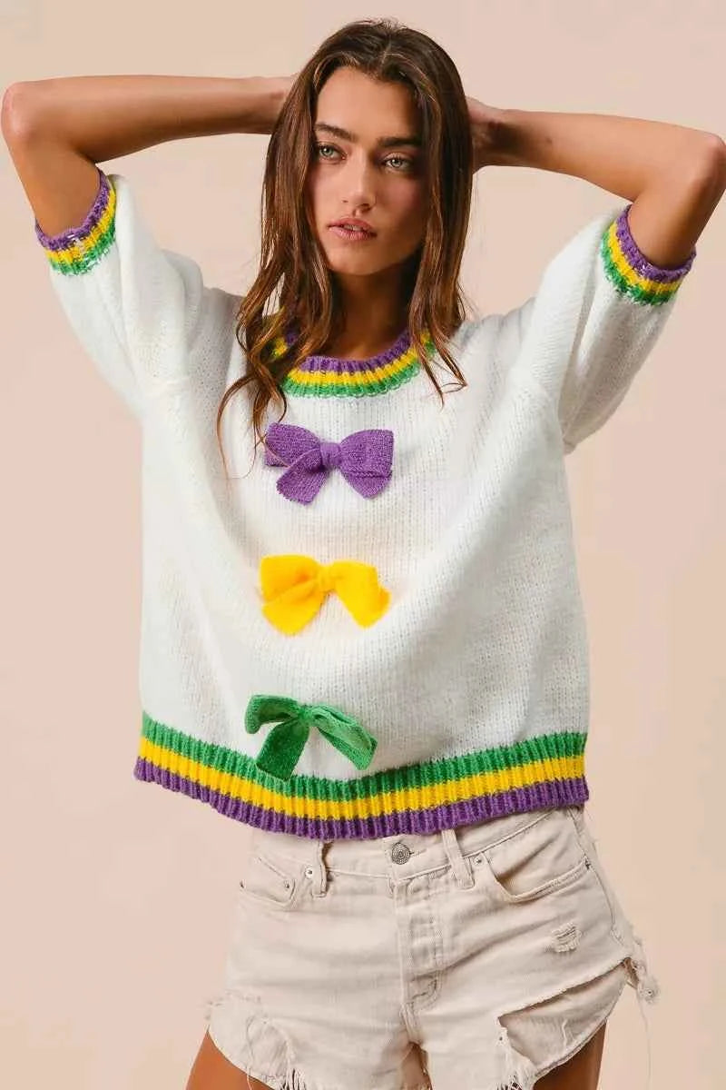 BiBi Short Puff Sleeve Ribbon Bow Mardi Gras Sweater 5fca876673c146628e8b4e53f003c8ba-Max-Origin