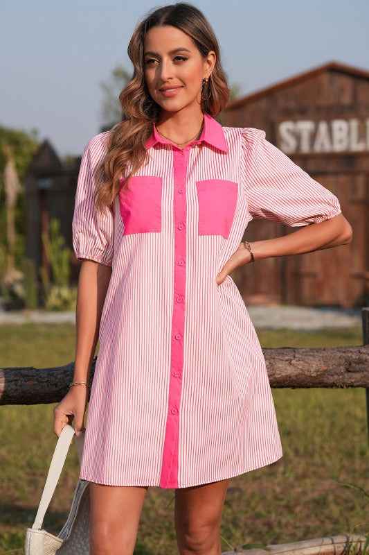 Stripe Patchwork Chest Pocket Mini Shirt Dress 5fd1f44f-e475-4ce7-bd75-a87239001c79