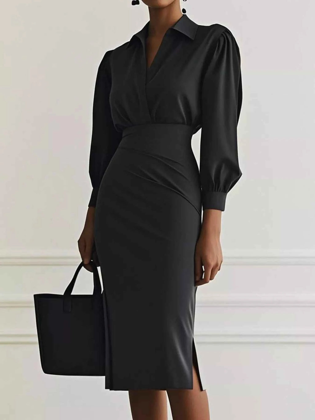 Ruched Midi Shirt Dress with Side Slit Black 5fd2f4b2b25344ca9f1aef3483d5cd9b-Max-Origin