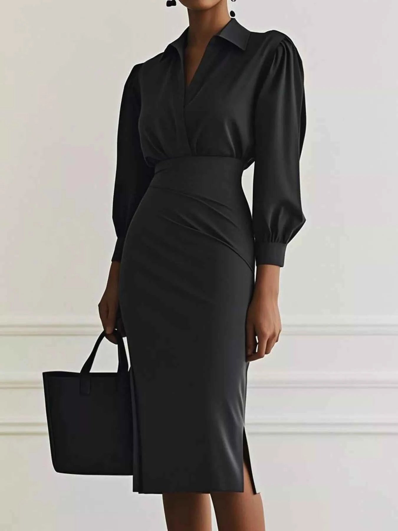 Ruched Midi Shirt Dress with Side Slit Black 5fd2f4b2b25344ca9f1aef3483d5cd9b-Max-Origin