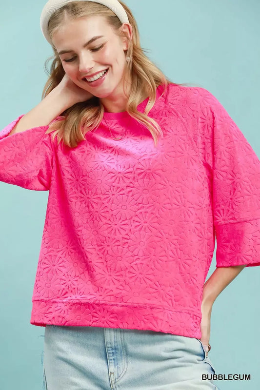 Round Neck Textured Floral Terry Blouse BUBBLEGUM 5fd4d101-b008-43c6-983c-3dd075bcf4e7-Max-Origin