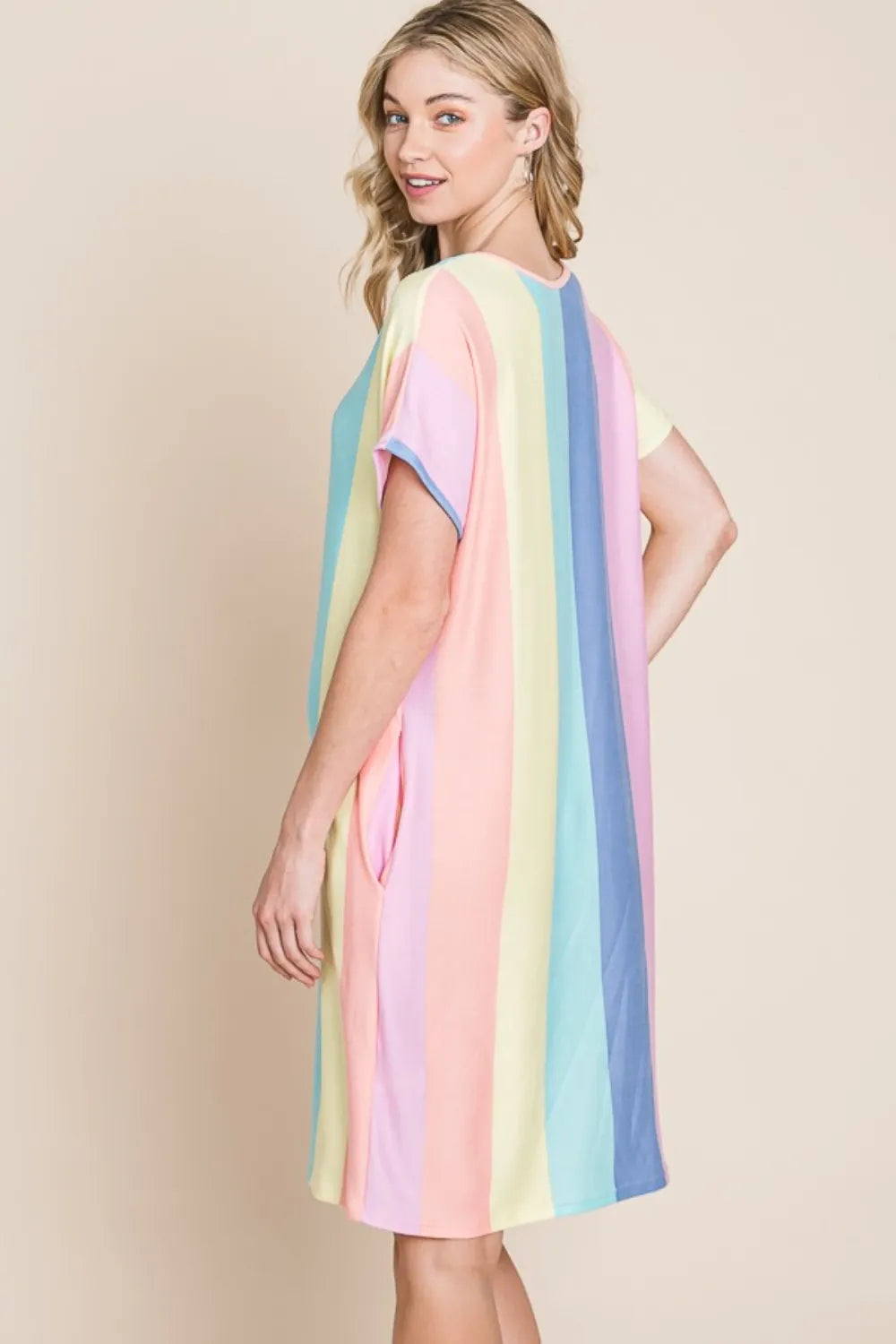 BOMBOM Striped Short Sleeve Dress with Pockets 5fd53036-4dea-439b-b2ee-4e17096d11f0-Max